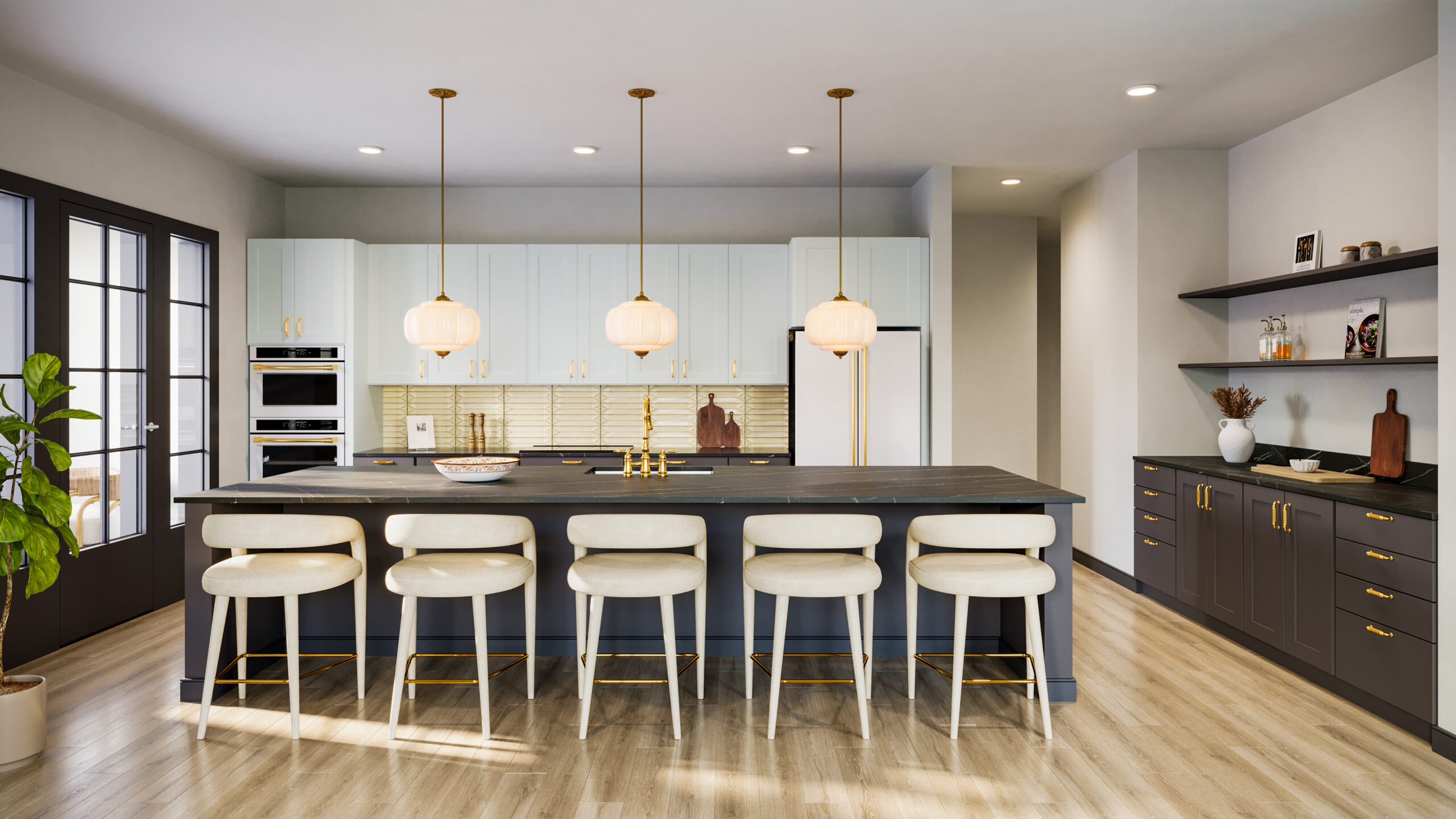 Bright contemporary kitchen with spacious island, bar seating, and sleek finishes at Laurel, A Collective apartments
