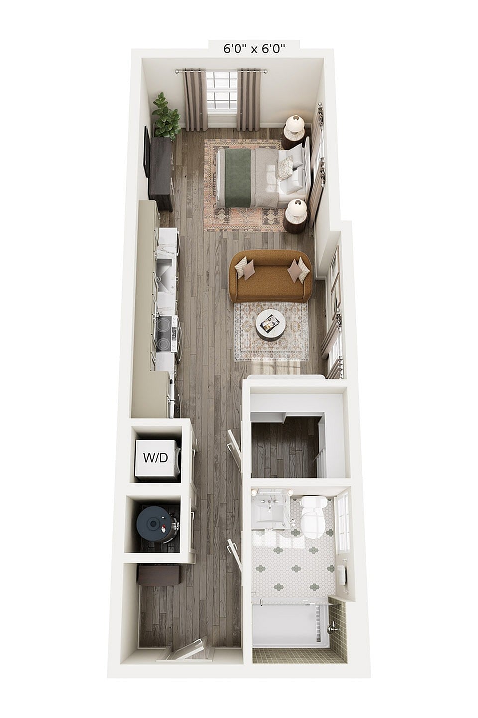 Rendering of the S6 floor plan with a Studio bedroom and 1 bathroom[s] at Laurel, A Collective