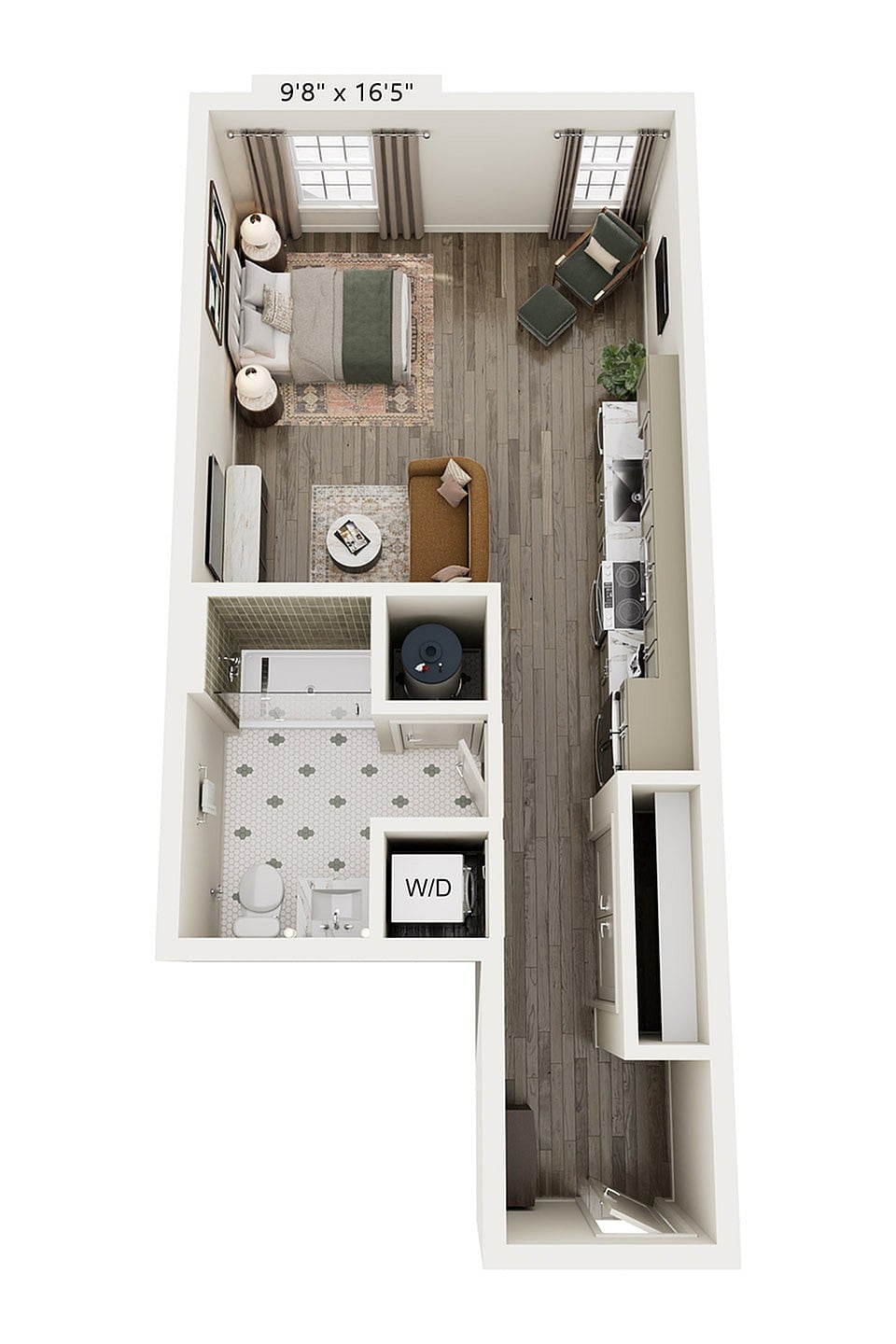 Rendering of the S7 floor plan with a Studio bedroom and 1 bathroom[s] at Laurel, A Collective
