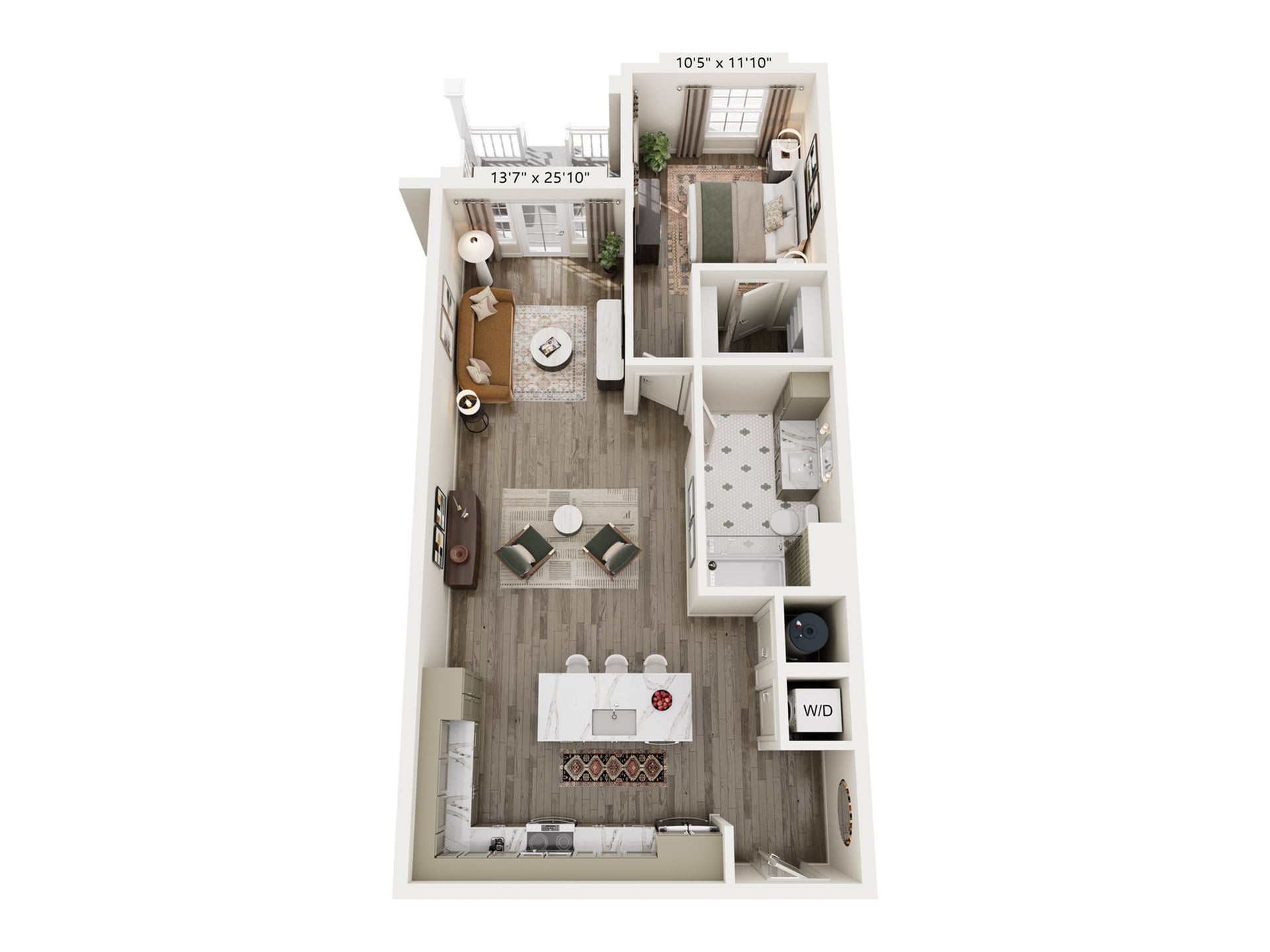 Rendering of the A20 floor plan with 1 bedroom[s] and 1 bathroom[s] at Laurel, A Collective