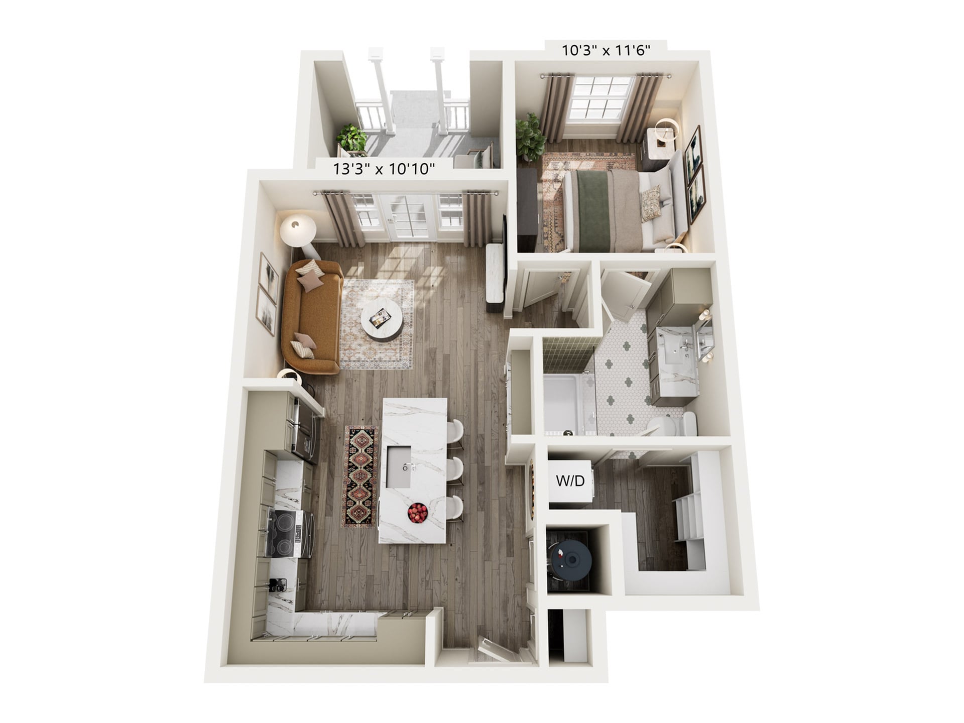 Rendering of the A6 floor plan with 1 bedroom[s] and 1 bathroom[s] at Laurel, A Collective