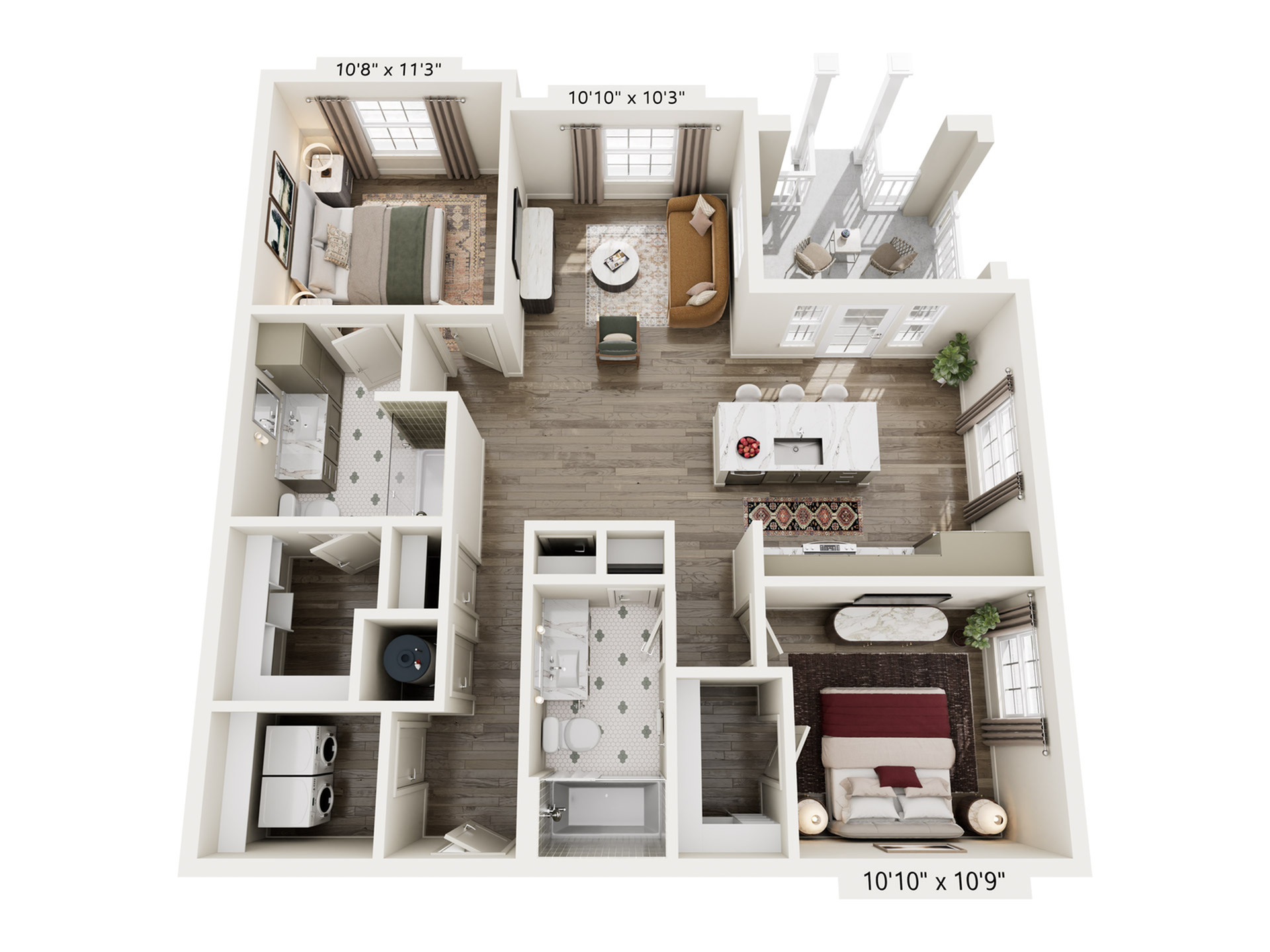 Rendering of the B3 floor plan with 2 bedroom[s] and 2 bathroom[s] at Laurel, A Collective