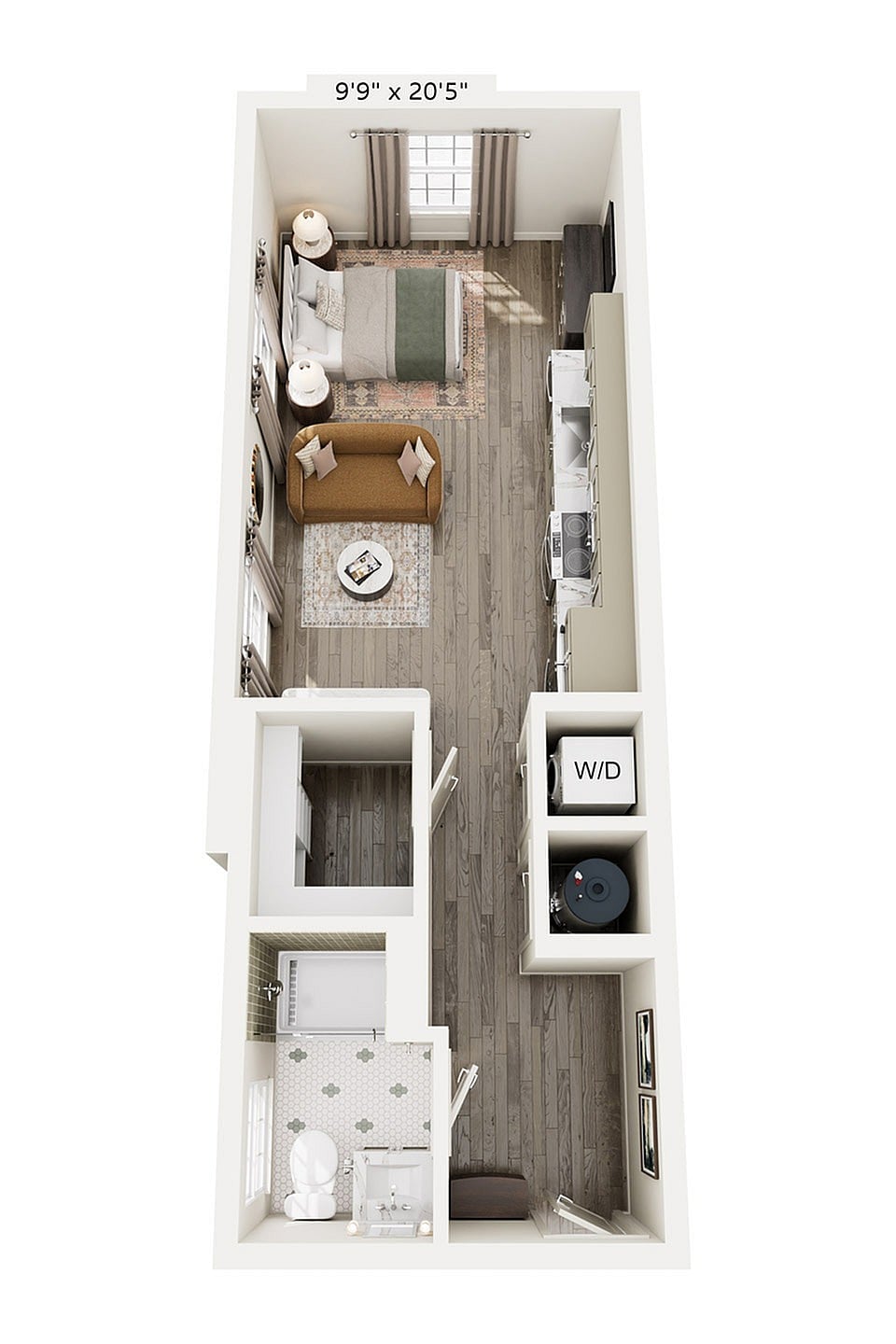 Rendering of the S5 floor plan with a Studio bedroom and 1 bathroom[s] at Laurel, A Collective