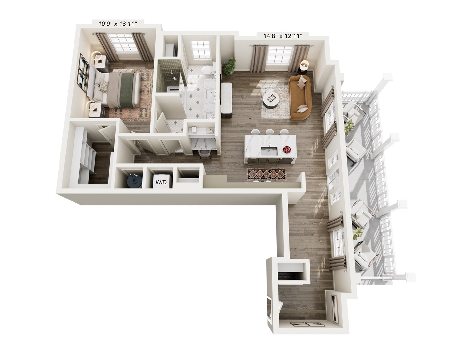Rendering of the A25 floor plan with 1 bedroom[s] and 1 bathroom[s] at Laurel, A Collective