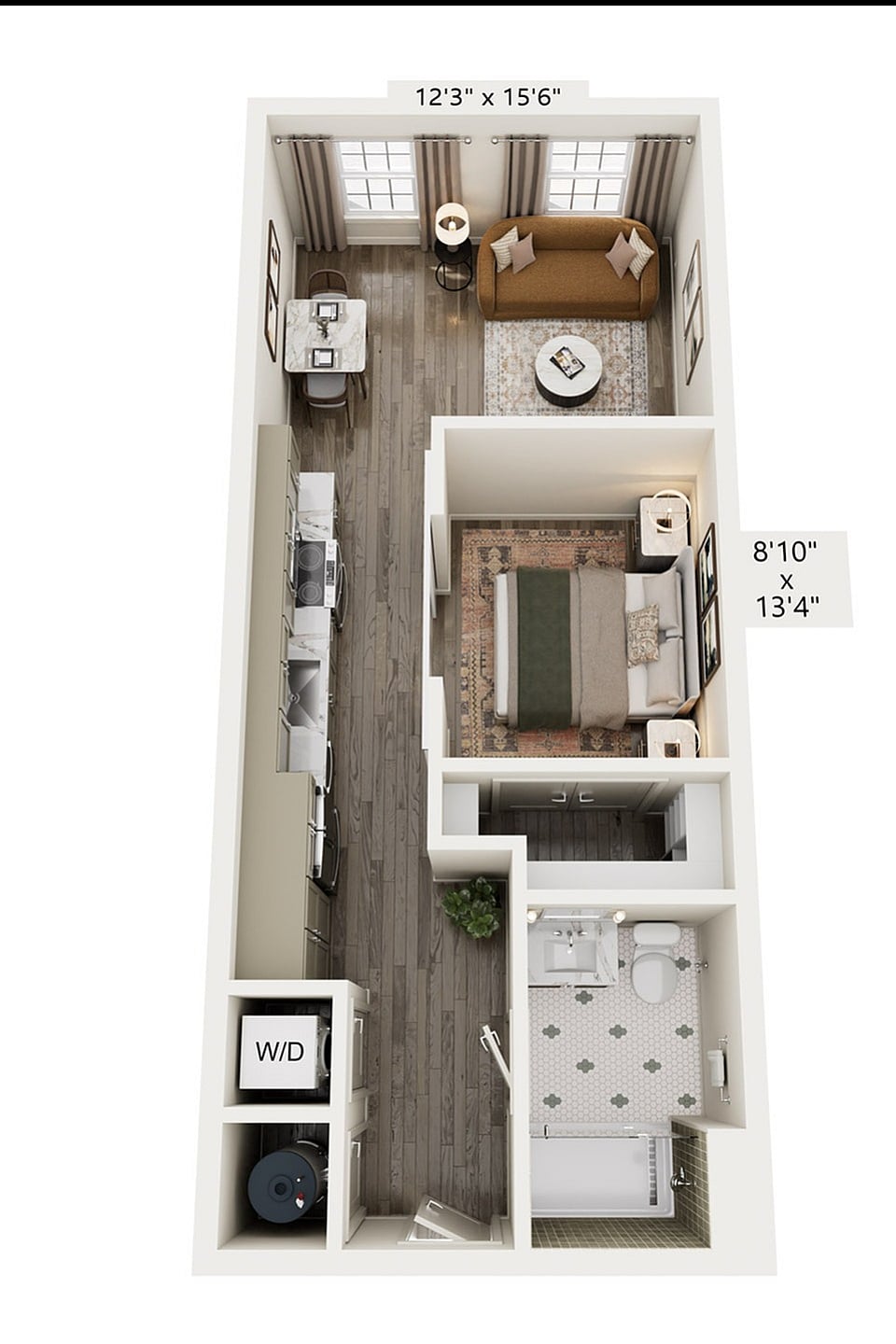 Rendering of the S8 floor plan with a Studio bedroom and 1 bathroom[s] at Laurel, A Collective