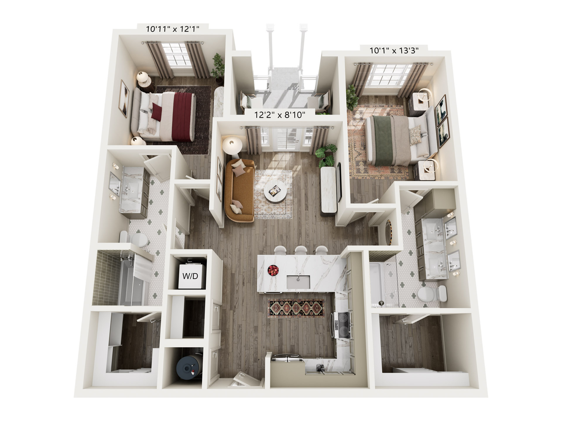 Rendering of the B2.1 floor plan with 2 bedroom[s] and 2 bathroom[s] at Laurel, A Collective