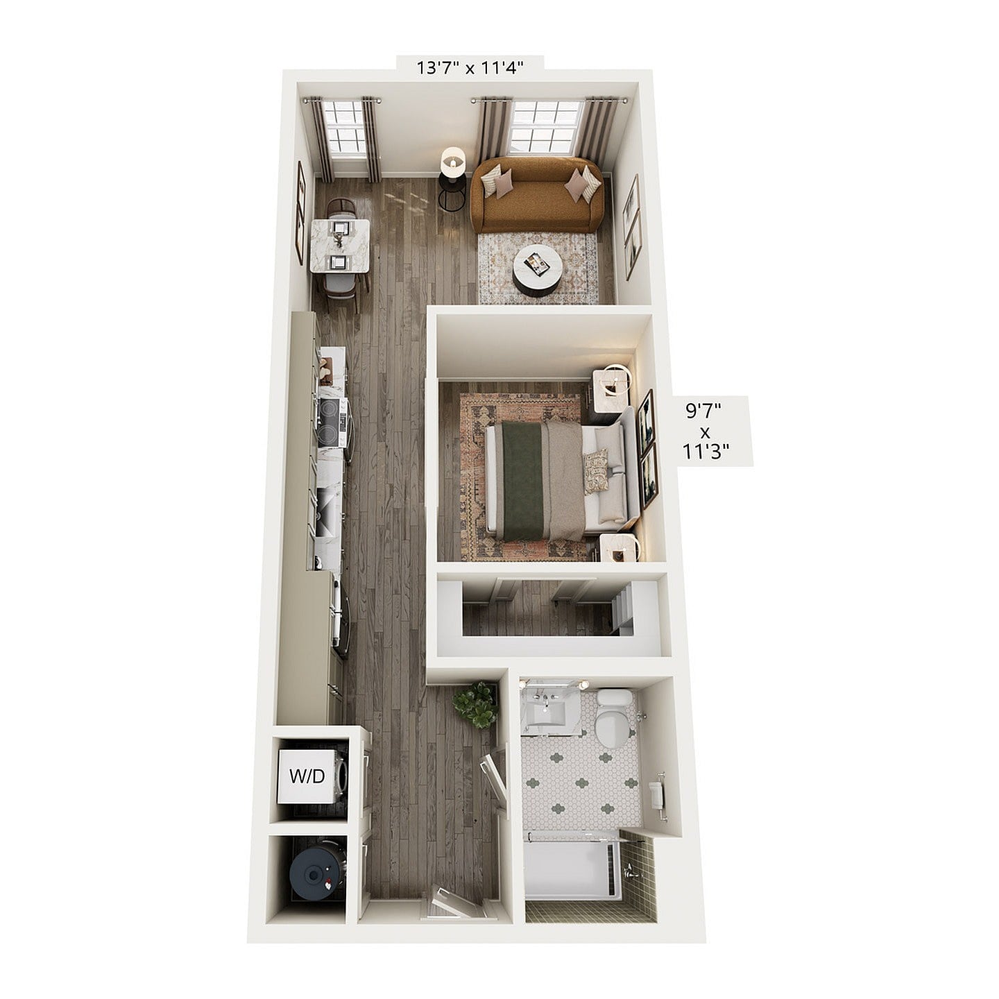 Rendering of the S10 floor plan with a Studio bedroom and 1 bathroom[s] at Laurel, A Collective