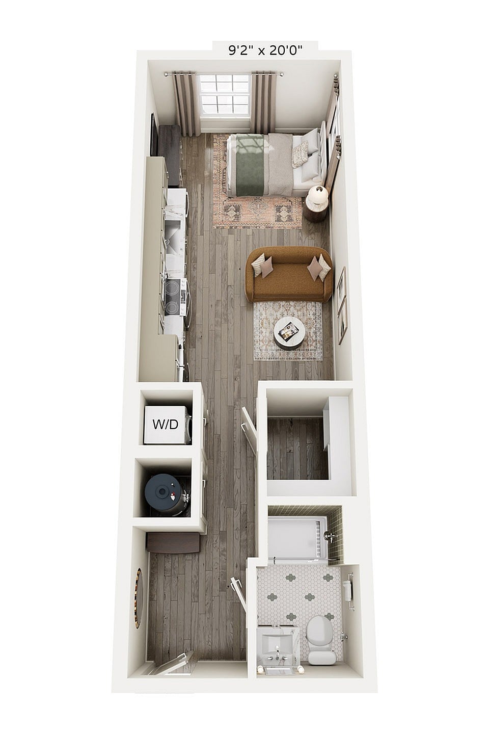 Rendering of the S3 floor plan with a Studio bedroom and 1 bathroom[s] at Laurel, A Collective