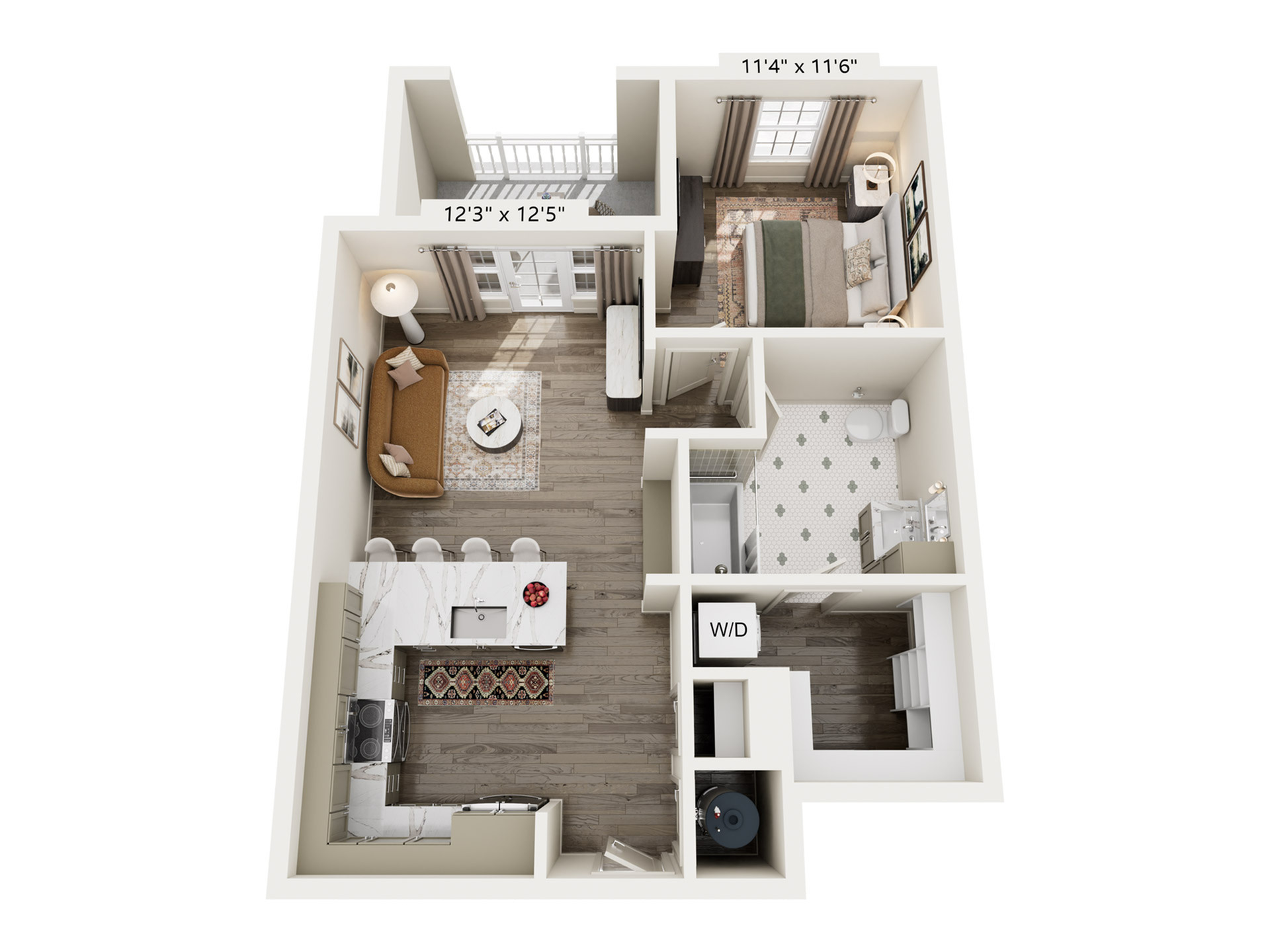 Rendering of the A6.ADA floor plan with 1 bedroom[s] and 1 bathroom[s] at Laurel, A Collective