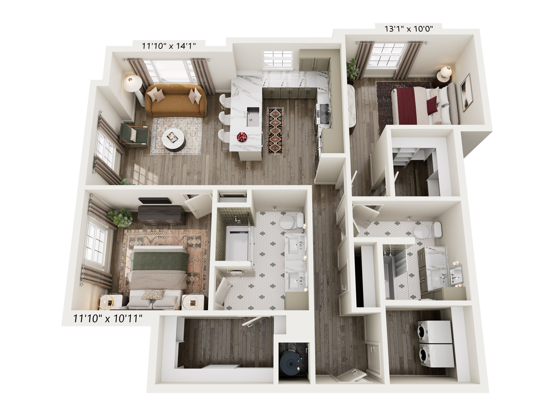 Rendering of the B10 floor plan with 2 bedroom[s] and 2 bathroom[s] at Laurel, A Collective