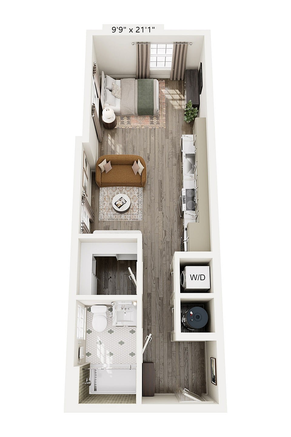 Rendering of the S4 floor plan with a Studio bedroom and 1 bathroom[s] at Laurel, A Collective