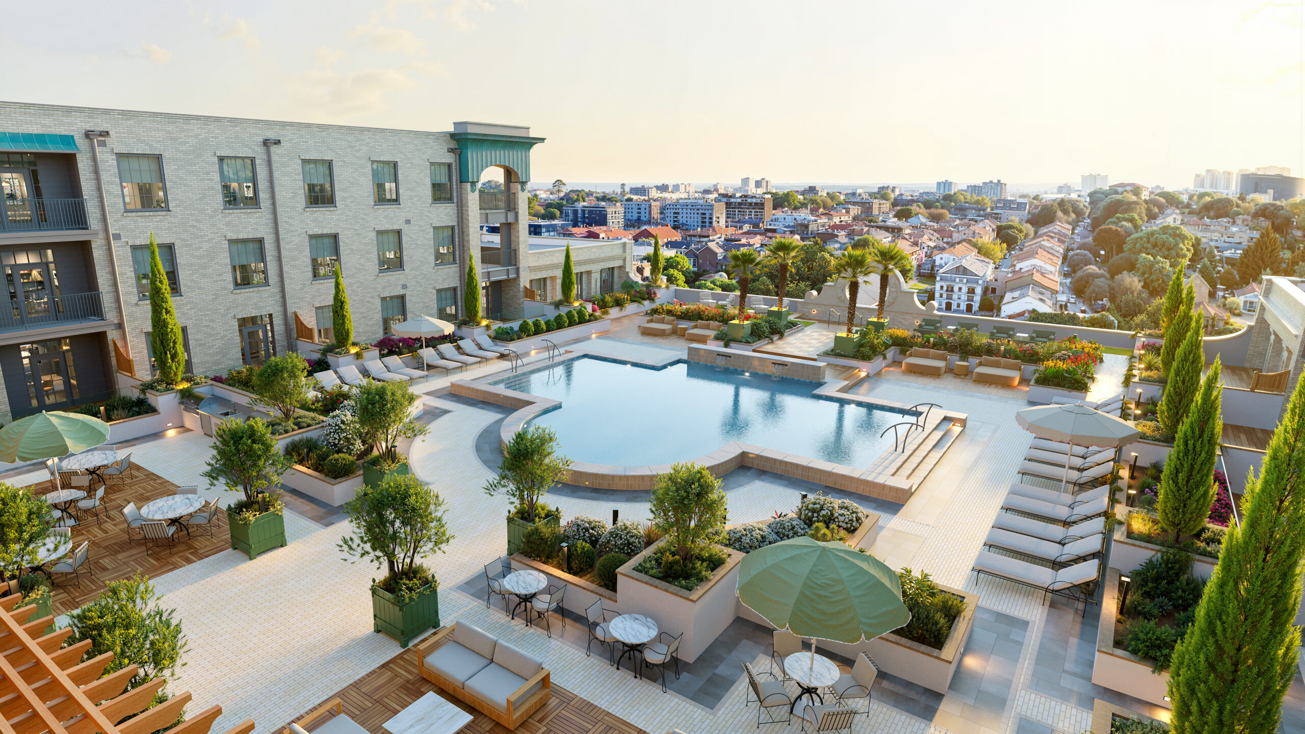 Rendering of the pool deck at Laurel, a Collective with lush landscaping, comfortable lounge chairs, and dining tables.