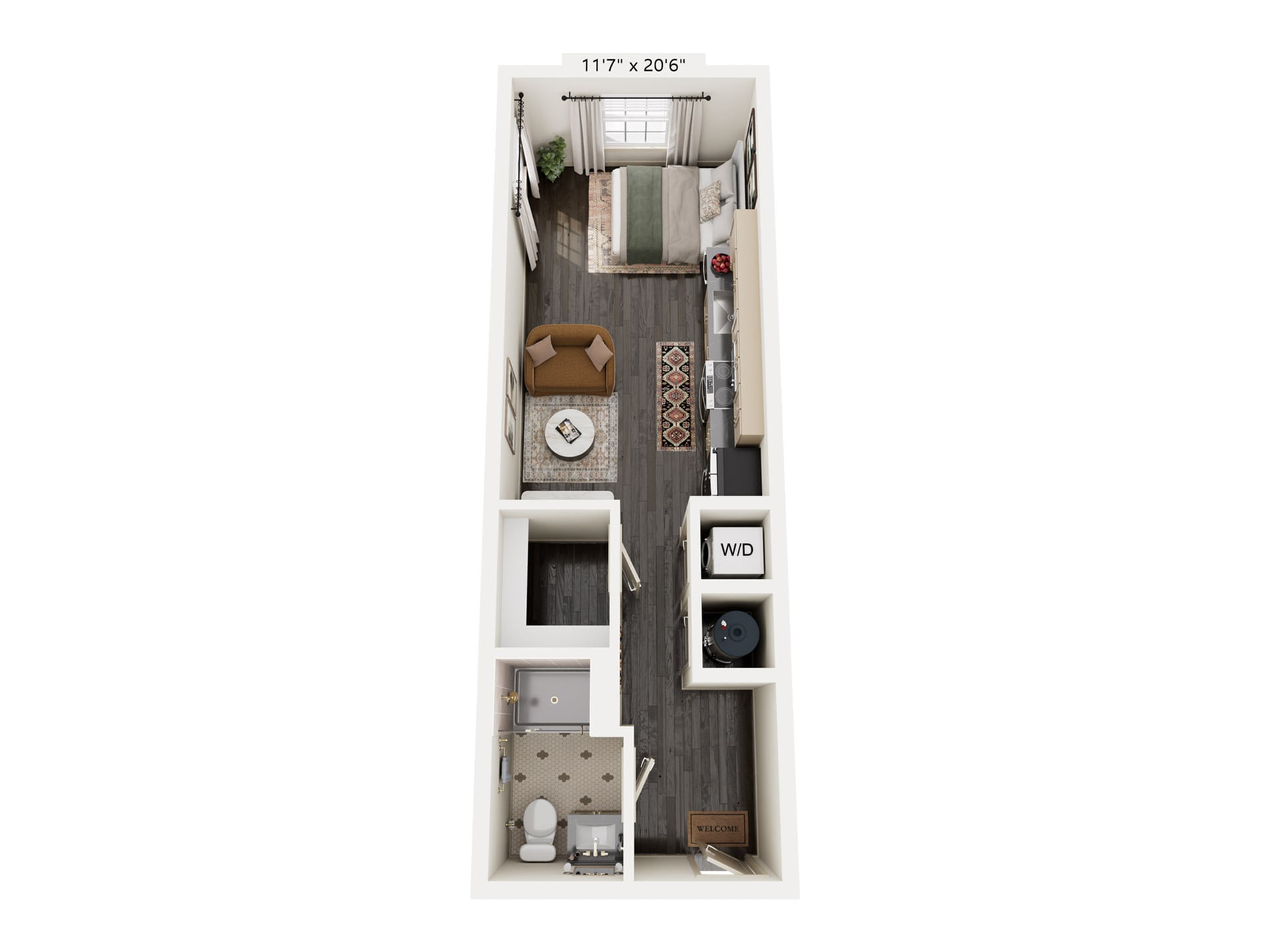 Rendering of the S2 floor plan with a Studio bedroom and 1 bathroom[s] at Laurel, A Collective