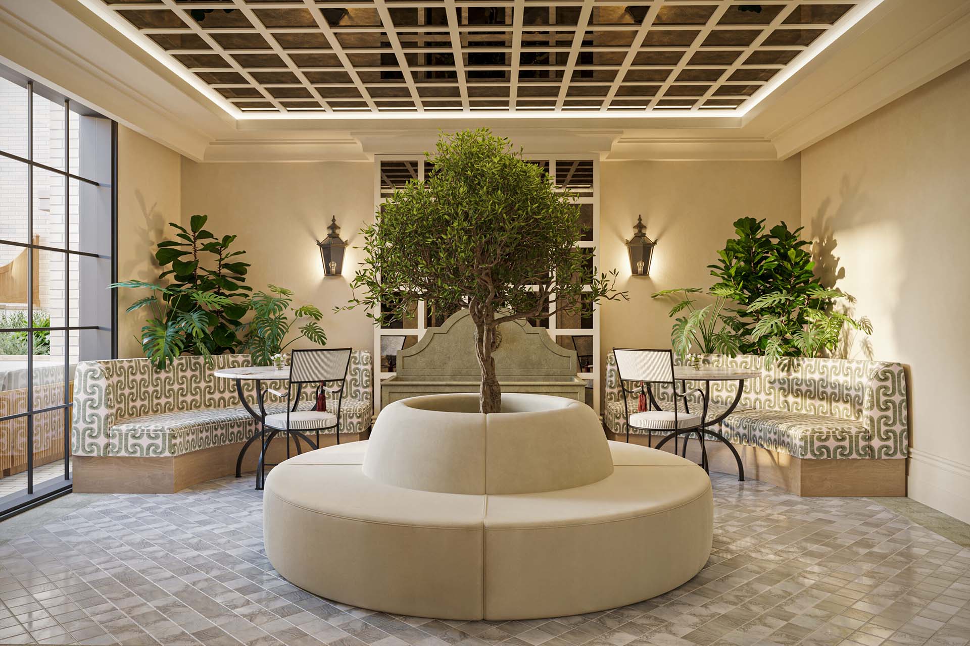 Rendering of the conservatory at Laurel, a Collective with plush round seating, water fountain, and lush plants.