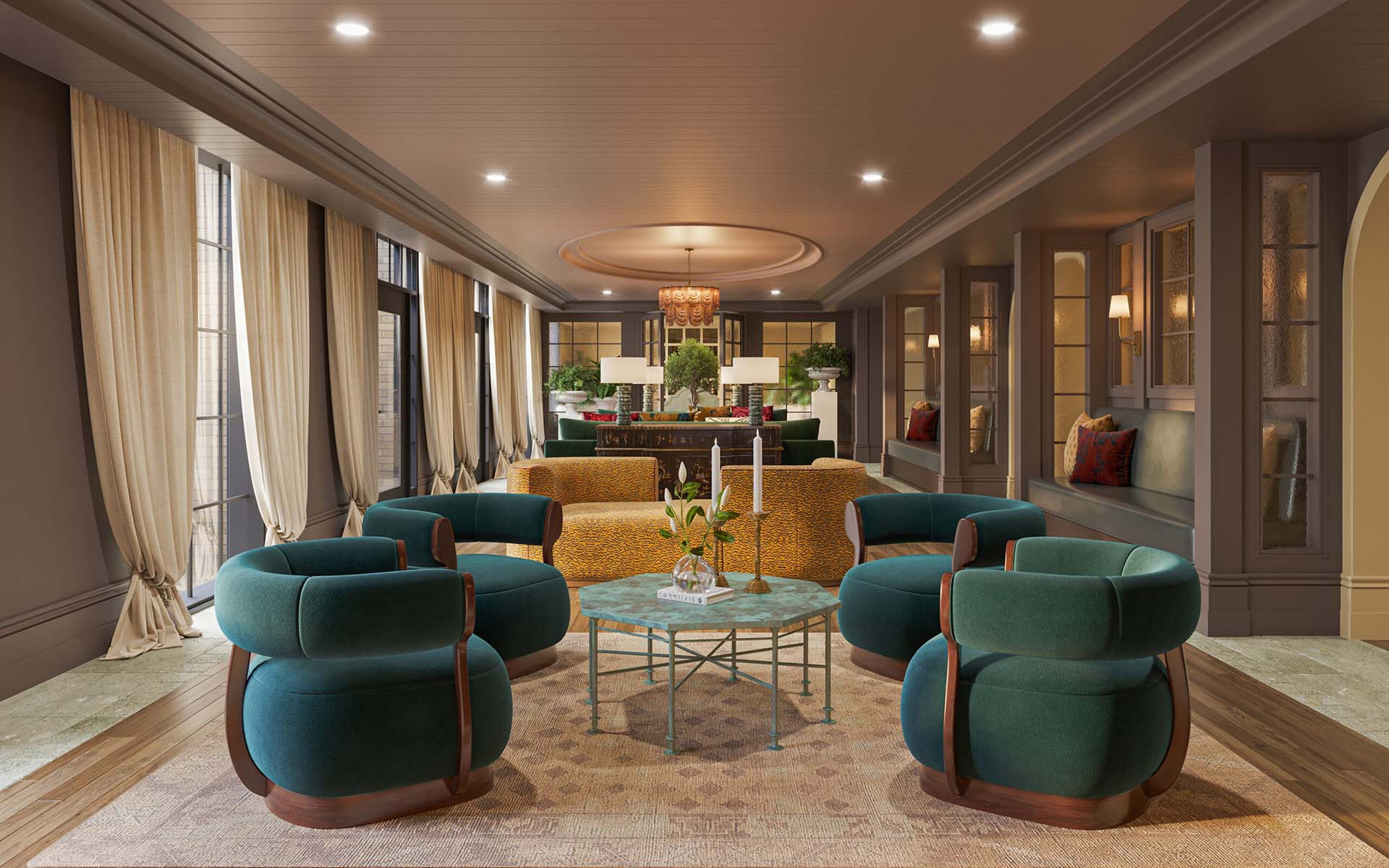 A wide-angle interior shot of the Laurel clubroom, a sophisticated lounge with a warm, modern aesthetic. The room features a wood-planked ceiling with a central circular recessed detail and soft lighting. To the left, large windows are draped in heavy, mustard-colored curtains with a traditional dark pattern. The seating arrangement includes four teal velvet club chairs surrounding a white marble hexagonal coffee table, plus a unique curved settee in a textured neutral fabric. Along the right-hand wall, dusty rose-colored pillars frame built-in sage green banquettes with blue accent pillows. The far wall is decorated with translucent paneled screens and white tiered table lamps, creating a professional yet comfortable atmosphere designed for high-end networking and focus.