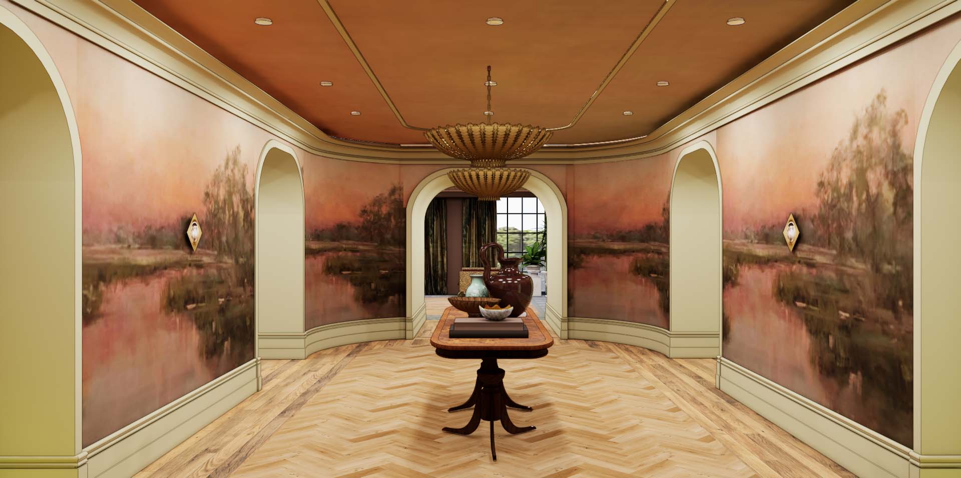 Laurel foyer with herringbone wood floor, elegant decor, and painted wall murals.