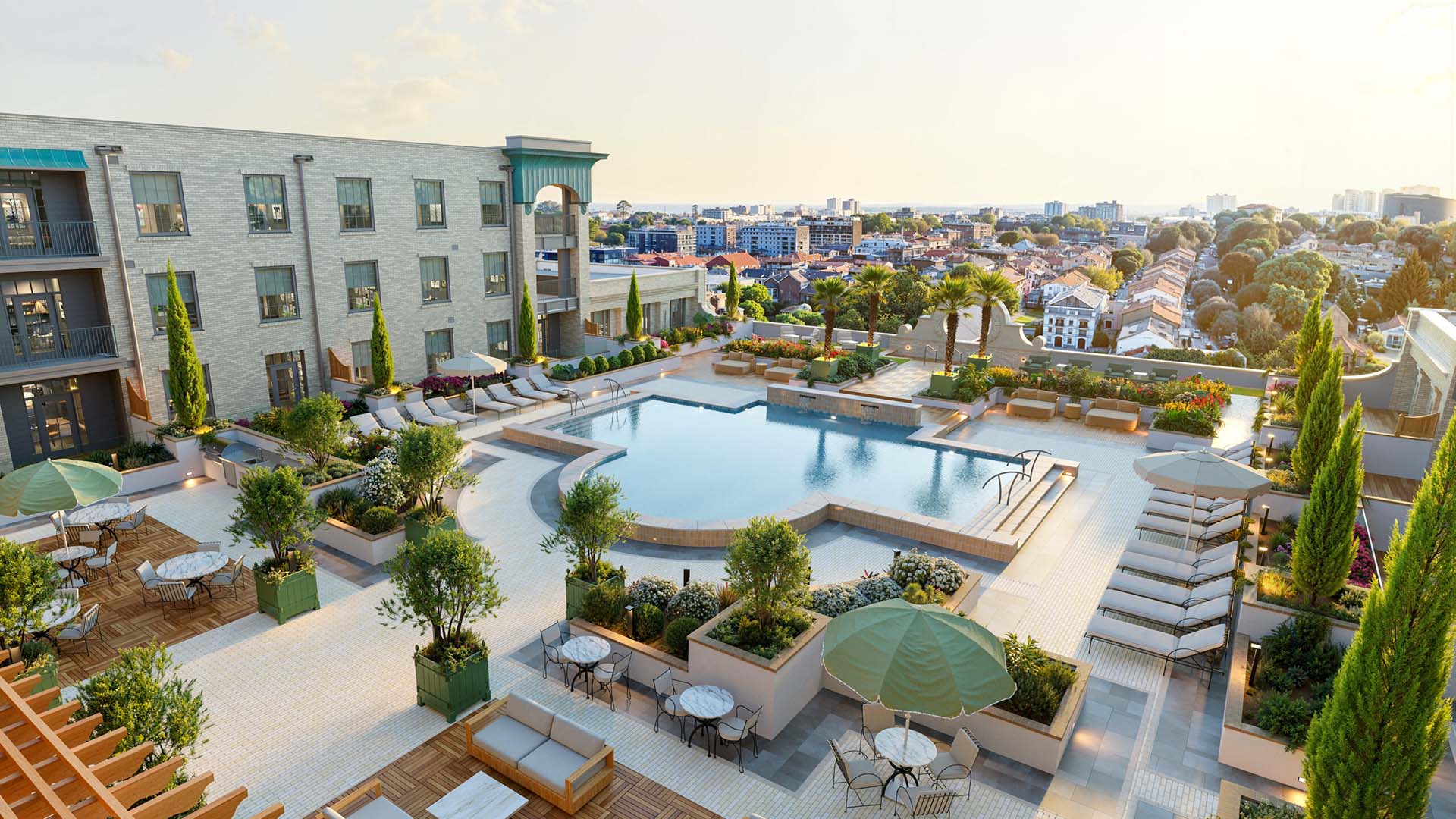 Rendering of the pool deck at Laurel, a Collective with lush landscaping, comfortable lounge chairs, and dining tables.