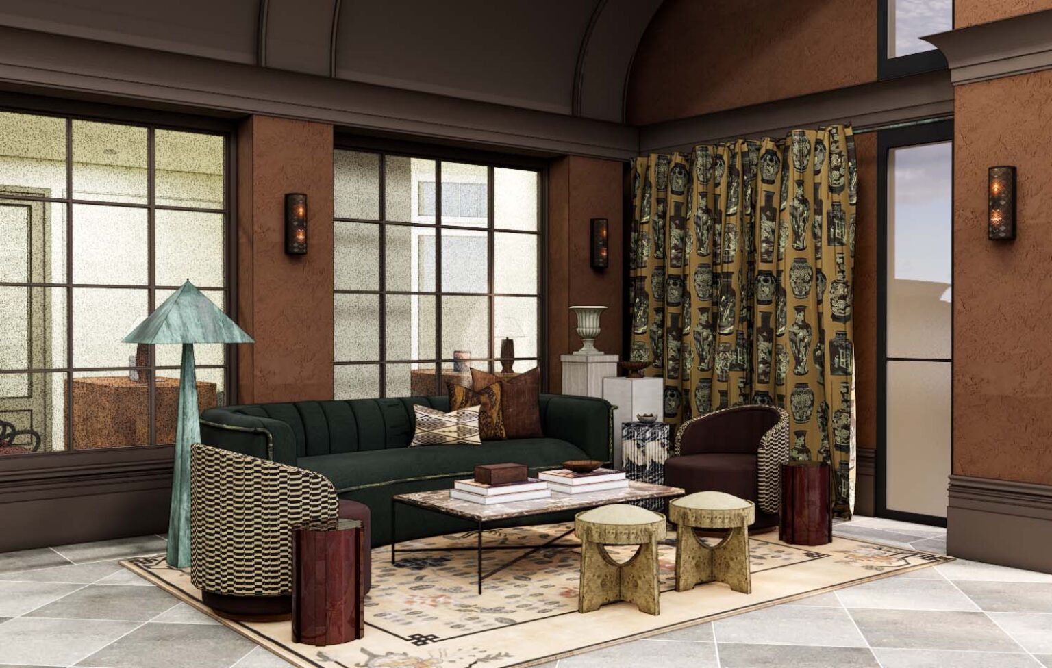 Rendering of Laurel lounge with pattern rug, plush seating, large windows, and pattern curtains.
