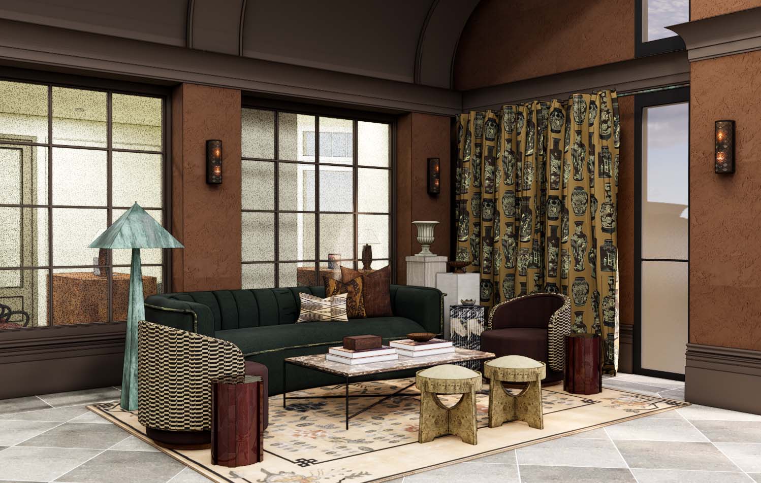 Rendering of Laurel lounge with pattern rug, plush seating, large windows, and pattern curtains.