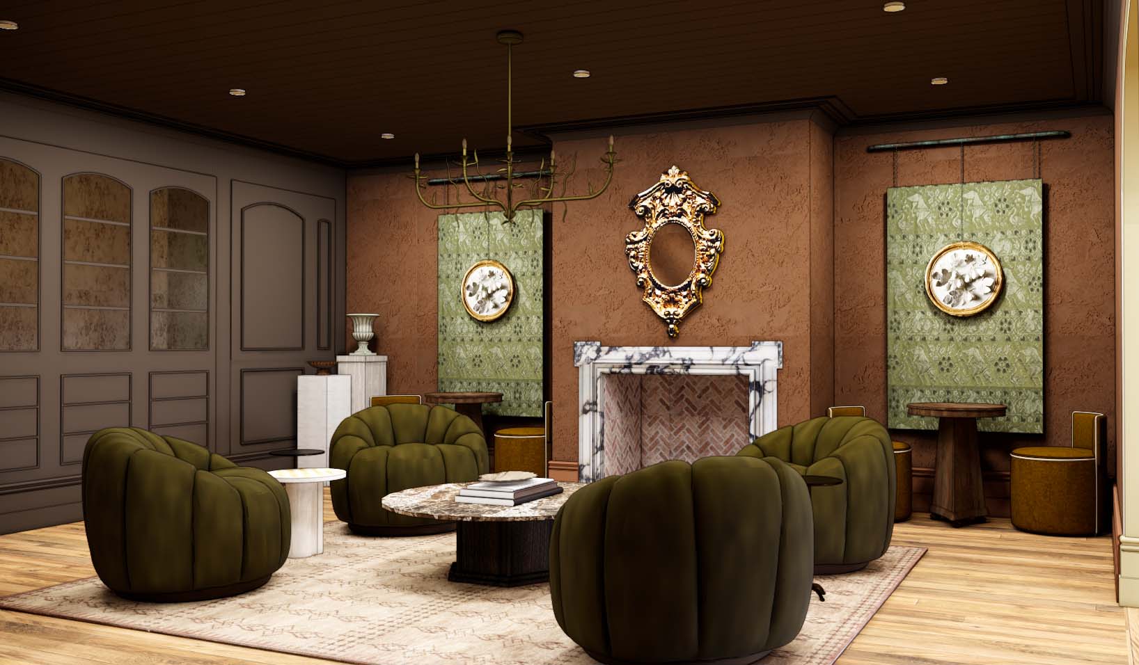 Rendering of the Study at Laurel, a Collective with pattern rug, marble fireplace, hanging tapestries, and plush seating.