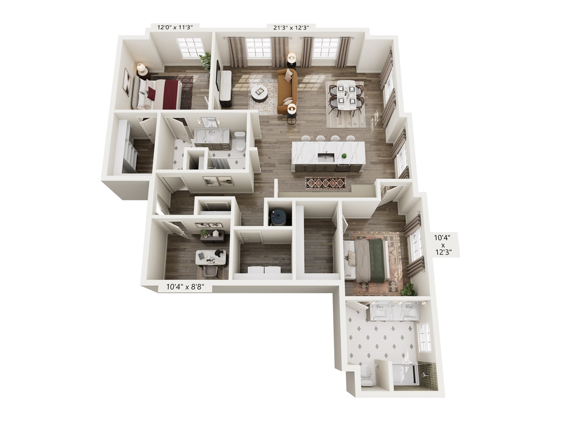 Rendering of the B31.STUDY floor plan with 2 bedroom[s] and 2.5 bathroom[s] at Laurel, A Collective