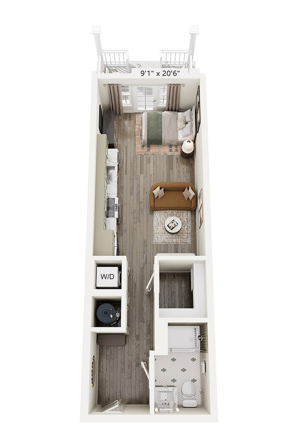 Rendering of the S2.B floor plan with a Studio bedroom and 1 bathroom[s] at Laurel, A Collective