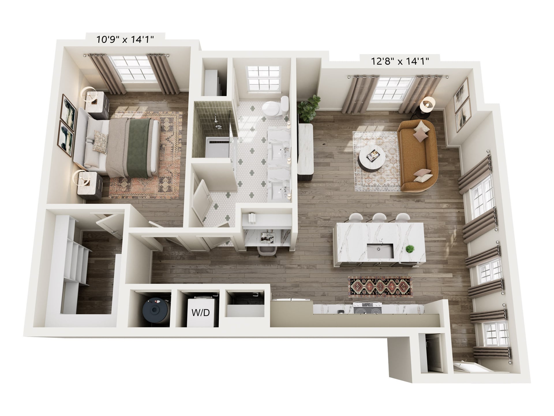 Rendering of the A19 floor plan with 1 bedroom[s] and 1 bathroom[s] at Laurel, A Collective