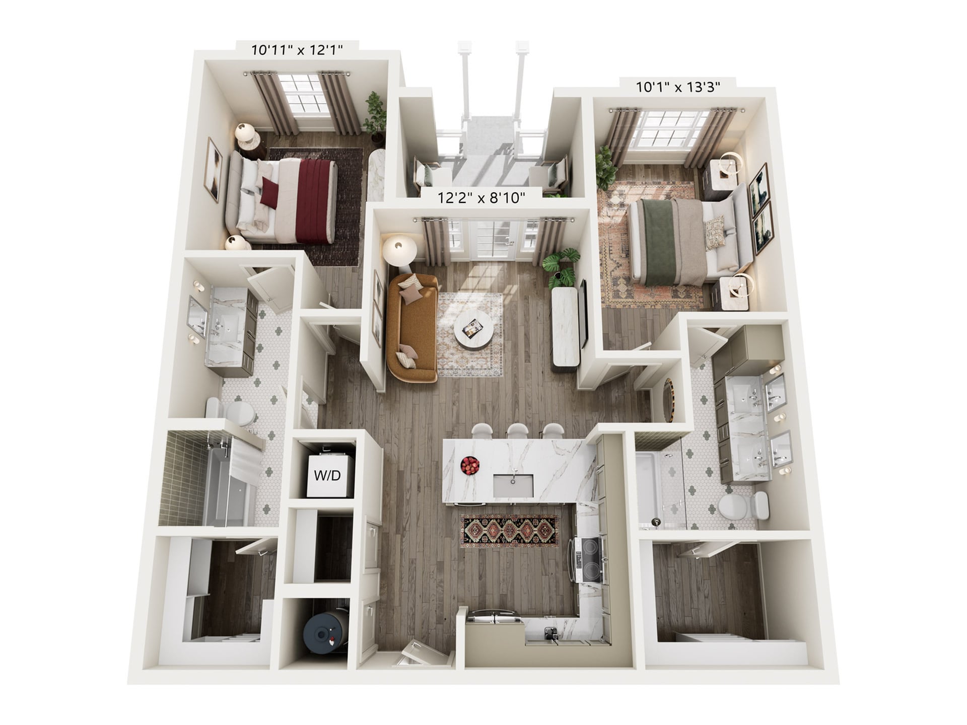 Rendering of the B2.1 floor plan with 2 bedroom[s] and 2 bathroom[s] at Laurel, A Collective