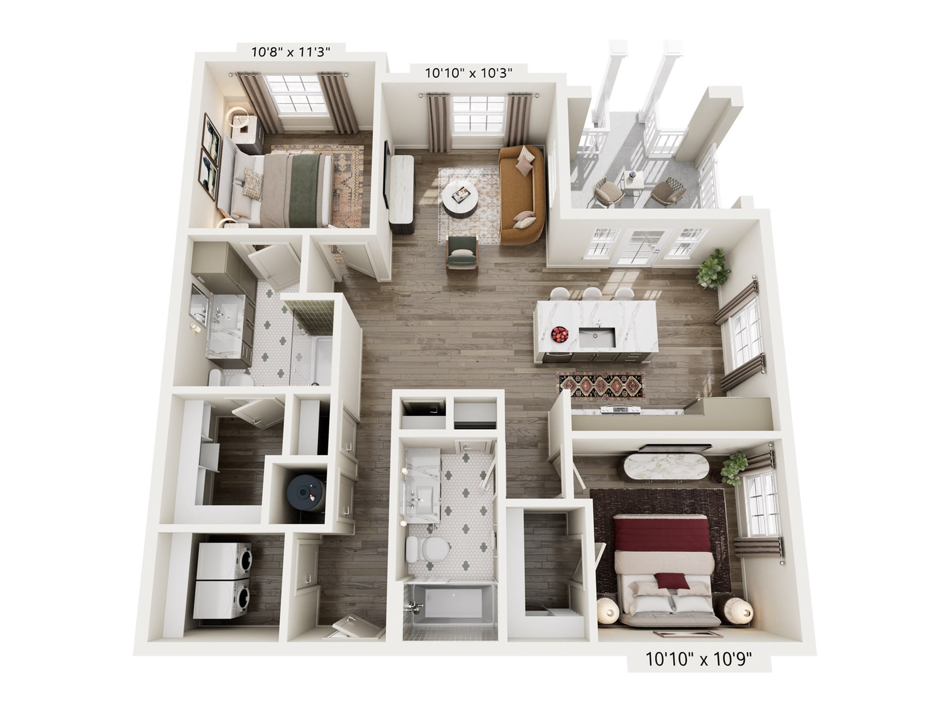 Rendering of the B3 floor plan with 2 bedroom[s] and 2 bathroom[s] at Laurel, A Collective