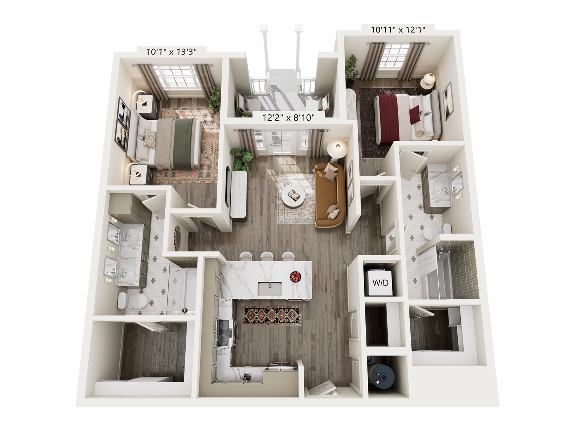 Rendering of the B1 floor plan with 2 bedroom[s] and 2 bathroom[s] at Laurel, A Collective